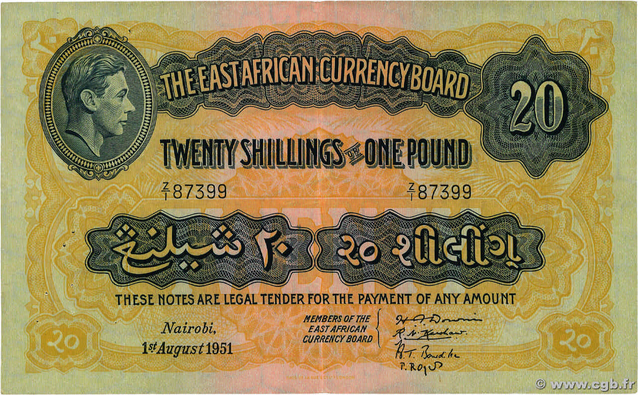 20 Shillings - 1 Pound AFRICA DI L EST BRITANNICA   1951 P.30b BB