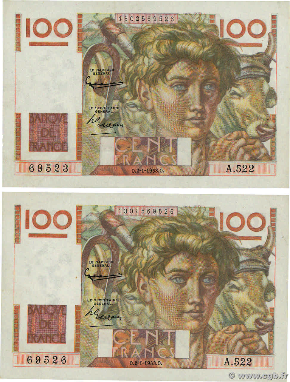 100 Francs JEUNE PAYSAN Lot FRANCE  1953 F.28.35 AU