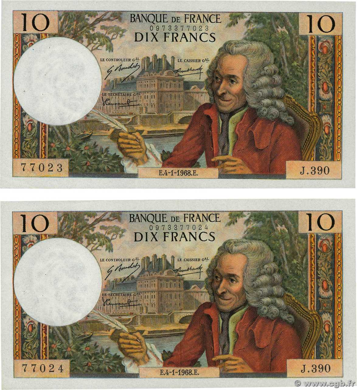 10 Francs VOLTAIRE Consécutifs FRANCE  1968 F.62.31 XF-