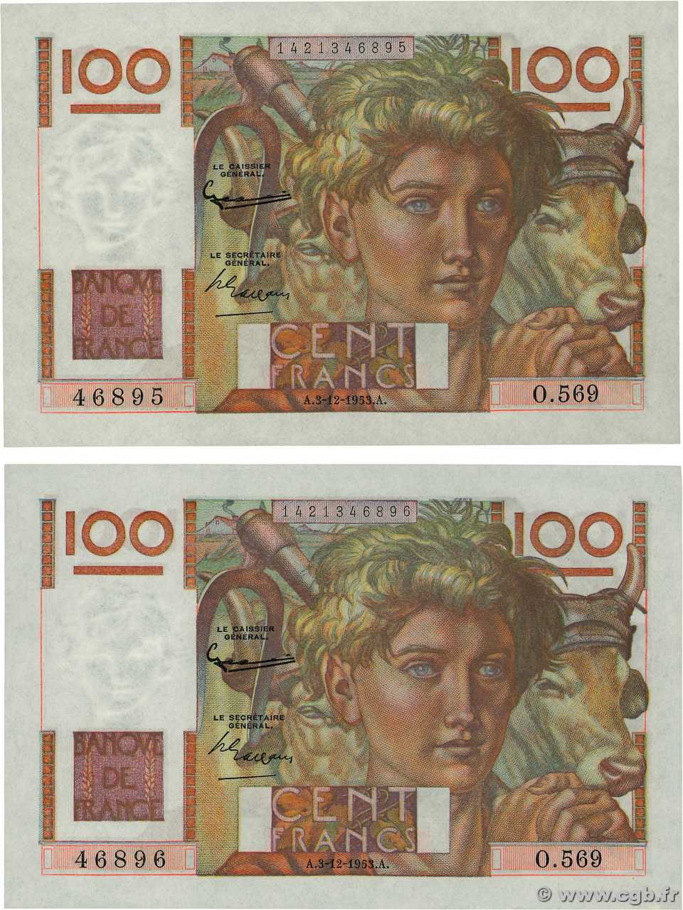 100 Francs JEUNE PAYSAN Consécutifs FRANCIA  1953 F.28.40 SC