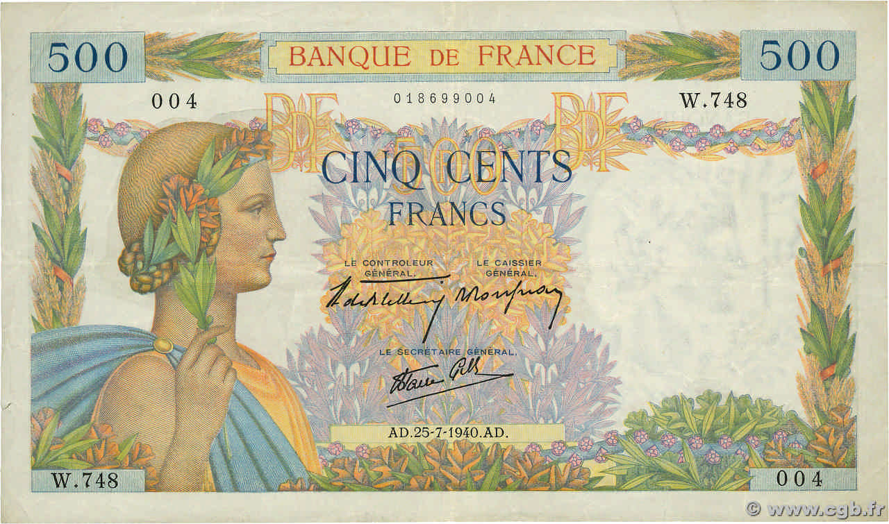 500 Francs LA PAIX FRANCE  1940 F.32.05 VF
