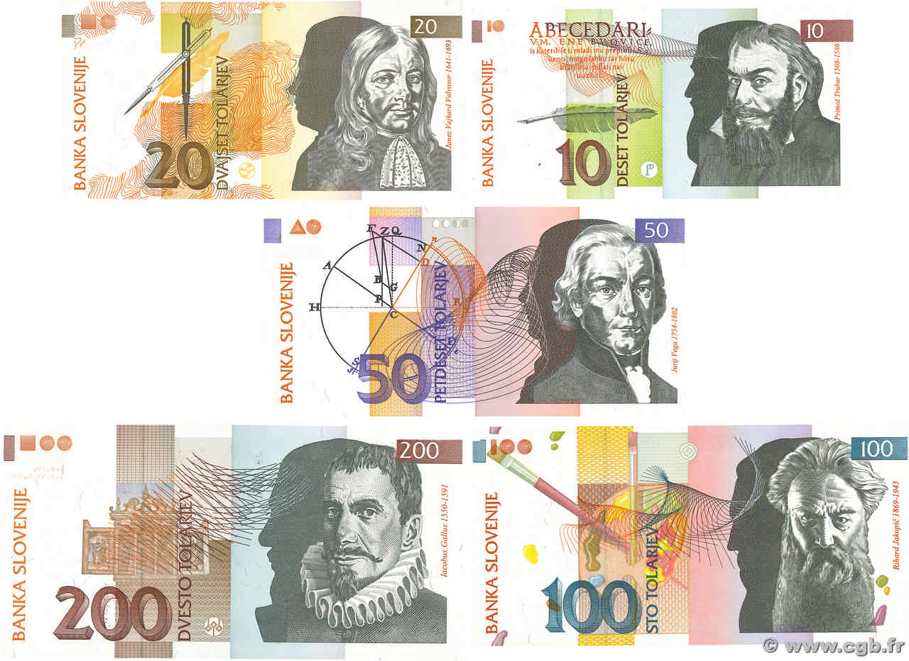 10, 20, 50, 100, 200 Tolarjev Lot SLOVÉNIE 1992 P.11 au P.15 pr.NEUF