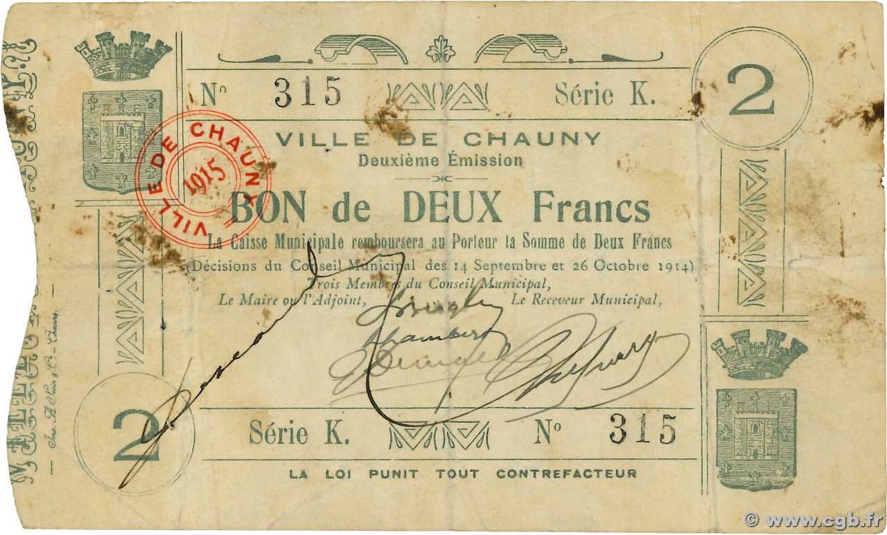 2 Franc FRANCE regionalism and miscellaneous Chauny 1914 JP.02-0466 F+