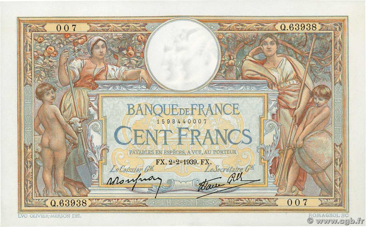 100 Francs LUC OLIVIER MERSON type modifié FRANCIA 1939 F.25.41 q.AU