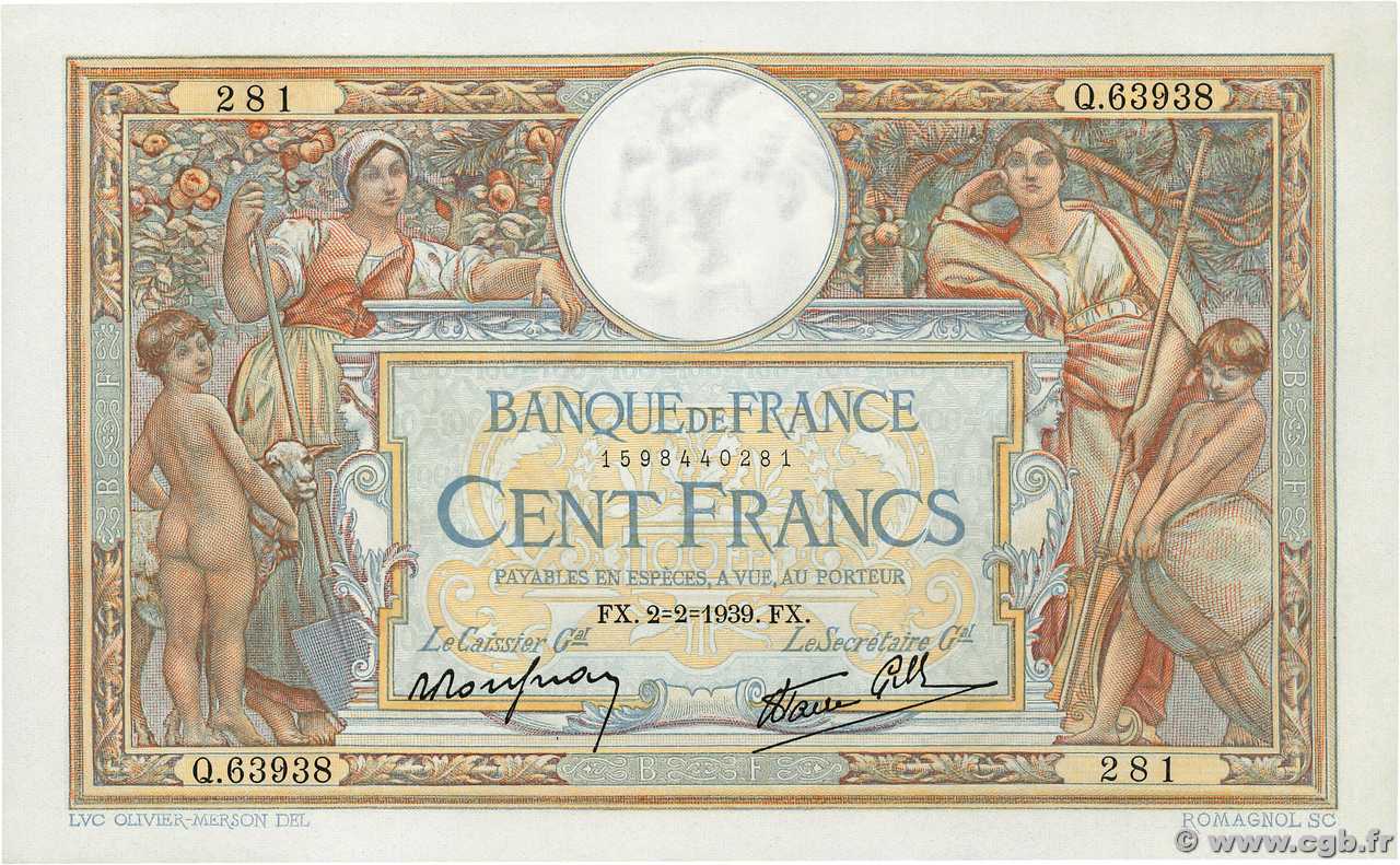 100 Francs LUC OLIVIER MERSON type modifié FRANCE  1939 F.25.41 SPL