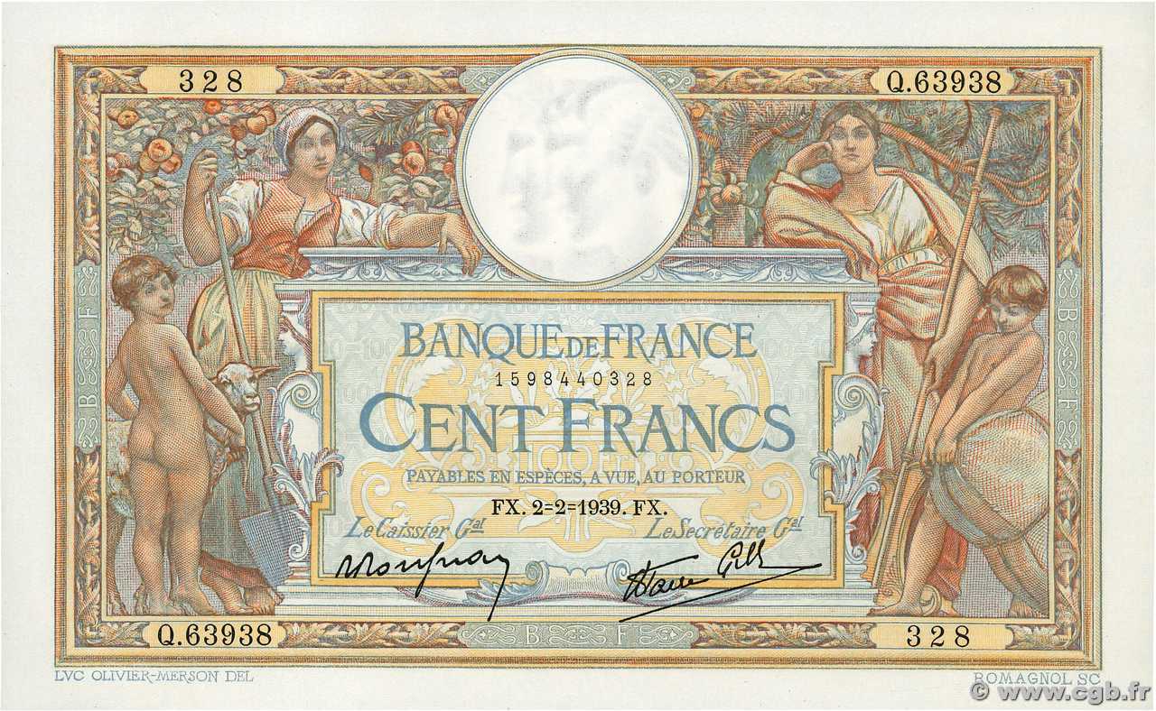 100 Francs LUC OLIVIER MERSON type modifié FRANCE 1939 F.25.41 UNC-