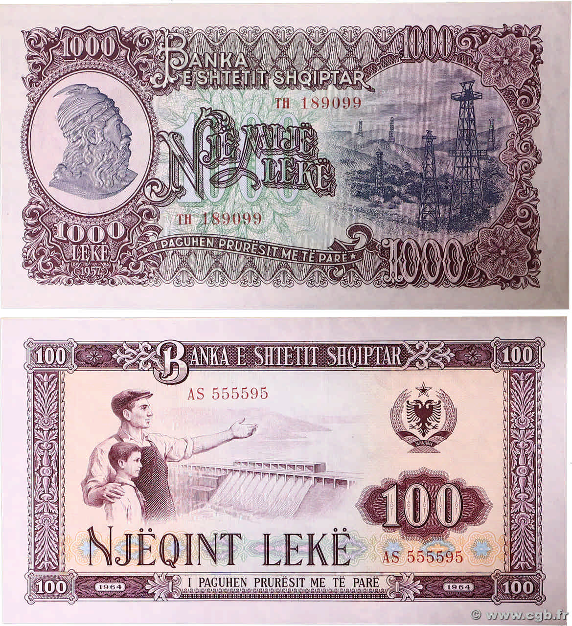 100 et 1000 Lekë Lot ALBANIA  1957 P.32a et P.39a UNC