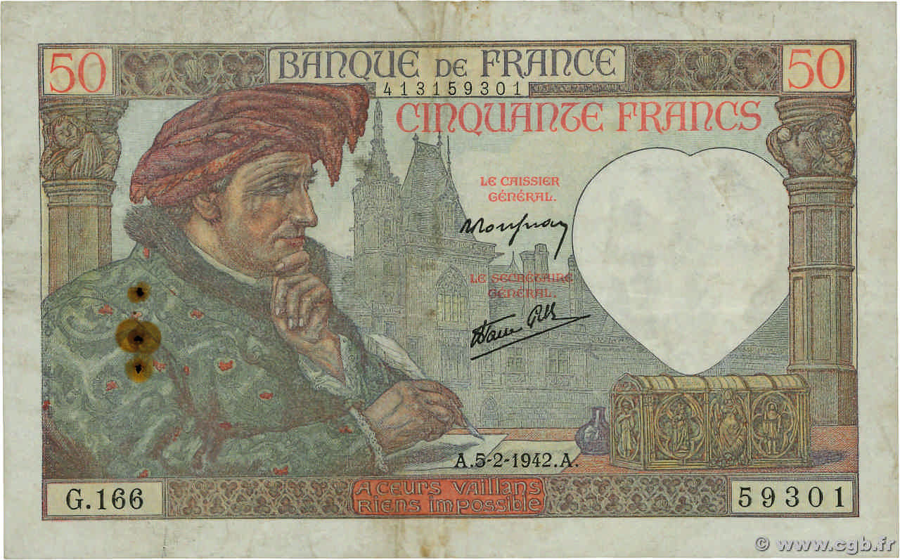 50 Francs JACQUES CŒUR FRANCE 1942 F.19.19 TB+