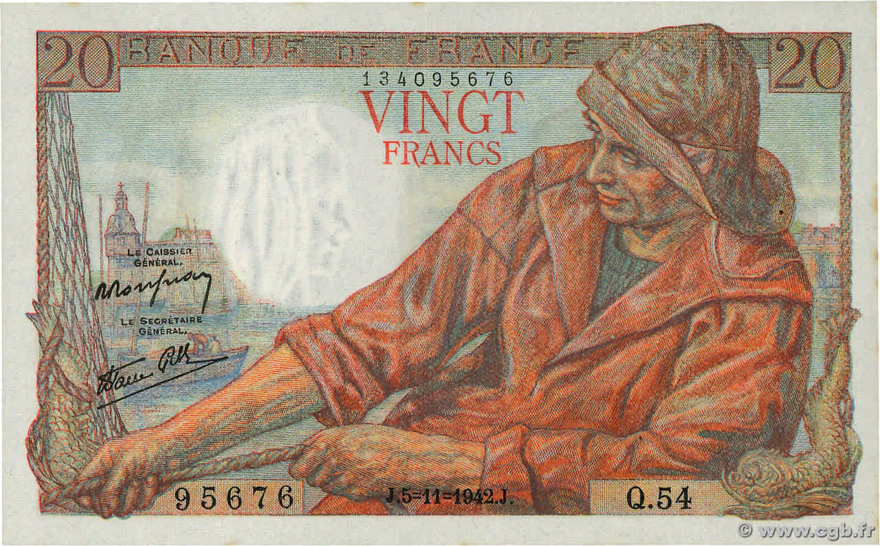 20 Francs PÊCHEUR FRANCE 1942 F.13.04 pr.NEUF