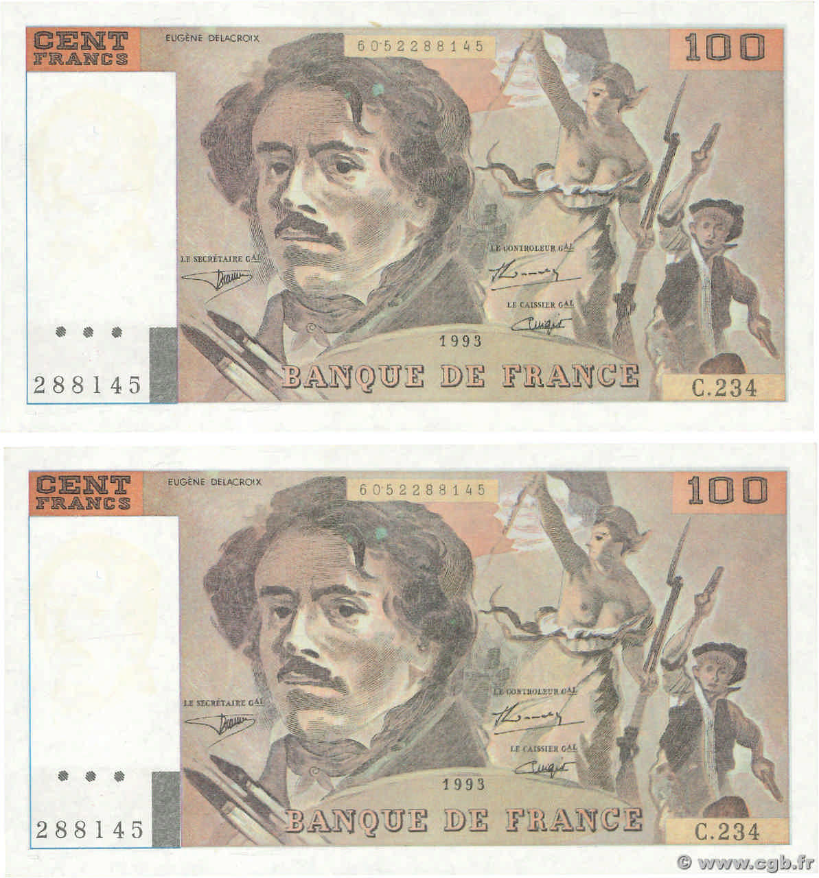 100 Francs DELACROIX imprimé en continu Faux FRANCE  1993 F.69bis.08x pr.NEUF