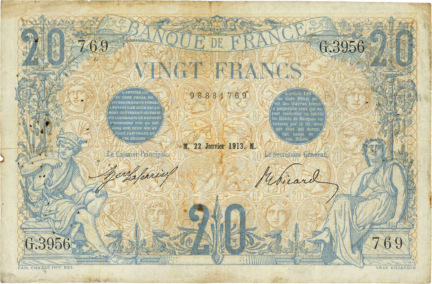 20 Francs BLEU FRANKREICH  1913 F.10.03 S