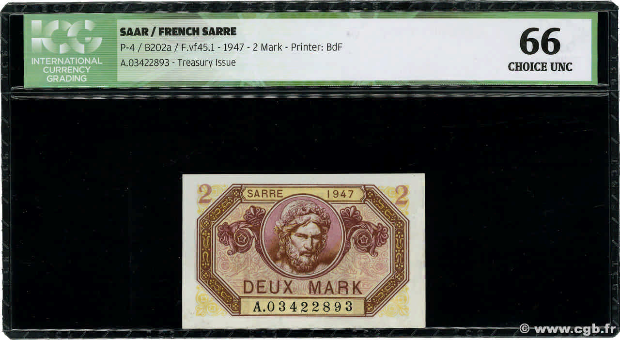 2 Mark SARRE FRANCE  1947 VF.45.01 UNC