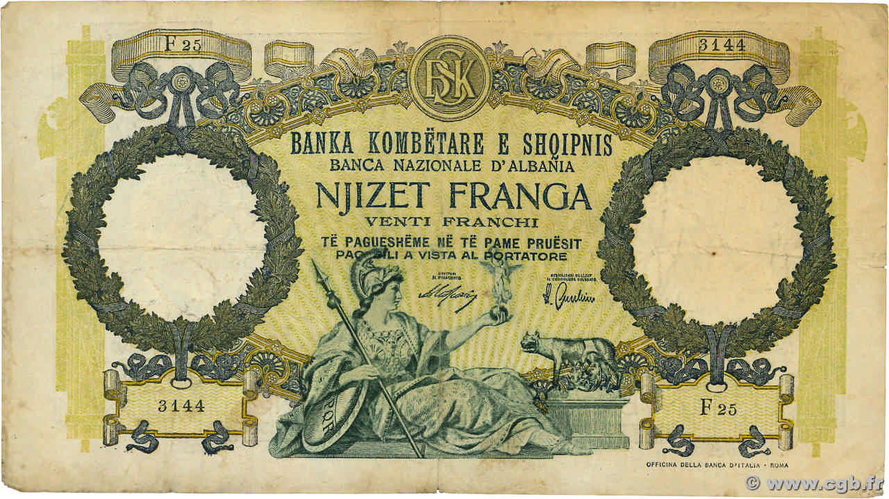 20 Franga ALBANIA  1939 P.07 VG