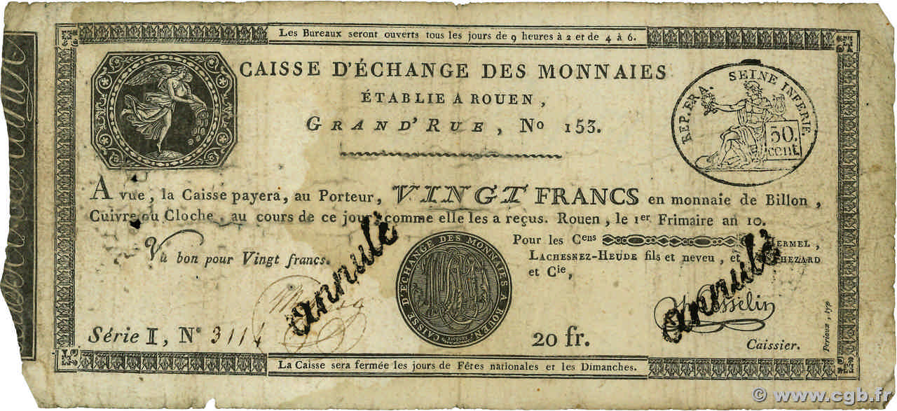 20 Francs Annulé FRANCIA  1801 PS.245b q.B