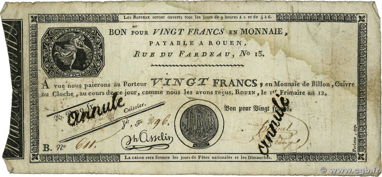 20 Francs Annulé FRANCIA  1803 PS.245b q.B