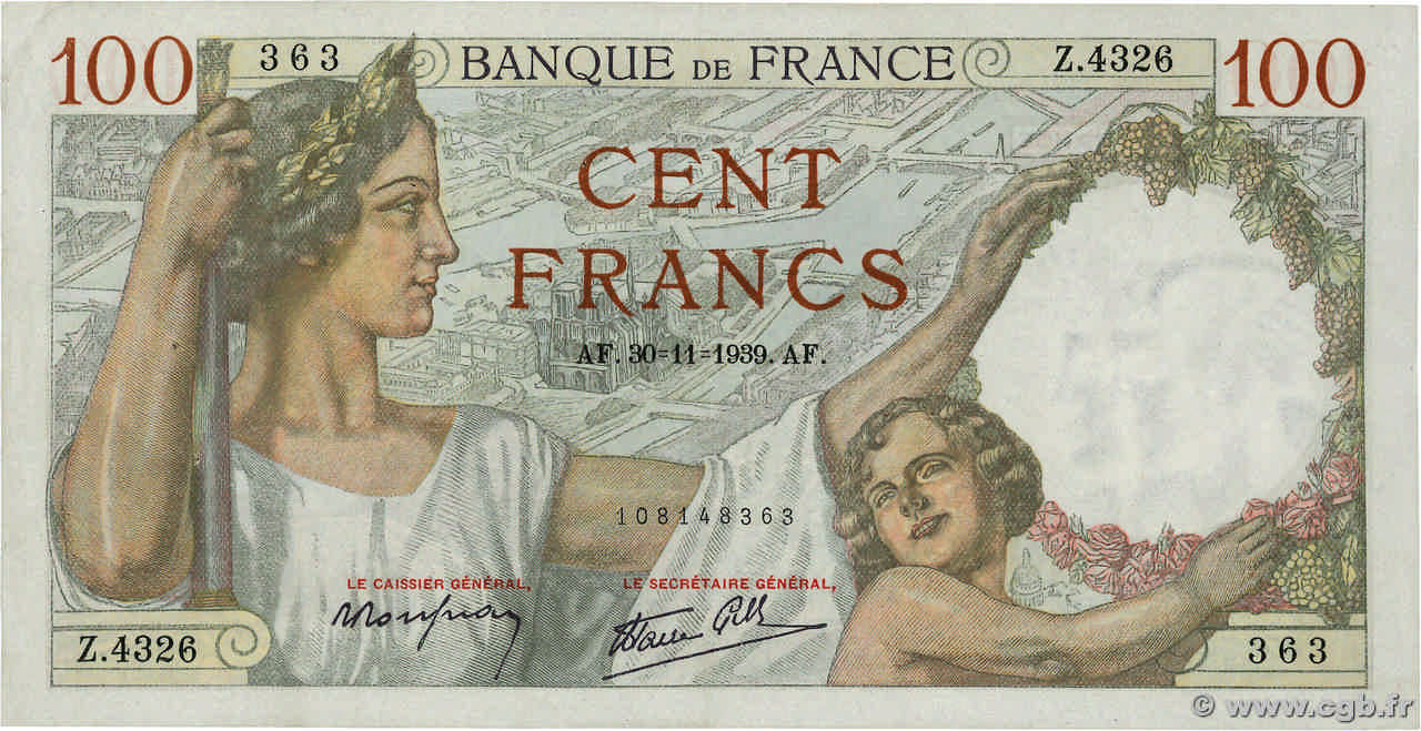 100 Francs SULLY FRANCE  1939 F.26.16 XF