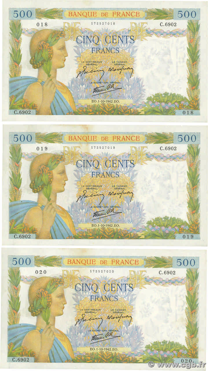 500 Francs LA PAIX Consécutifs FRANCE  1942 F.32.41 SUP