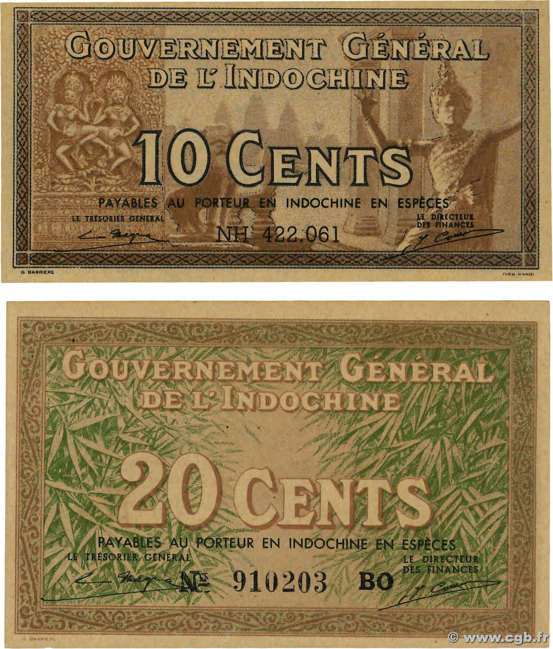10 et 20 Cents Lot INDOCHINE FRANÇAISE 1939 P.085e et P.06d SPL+