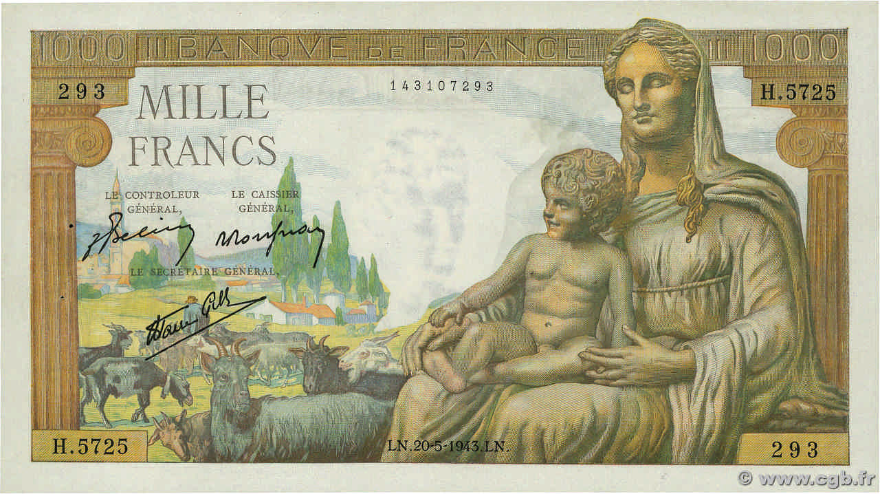1000 Francs DÉESSE DÉMÉTER FRANCE  1943 F.40.24 XF