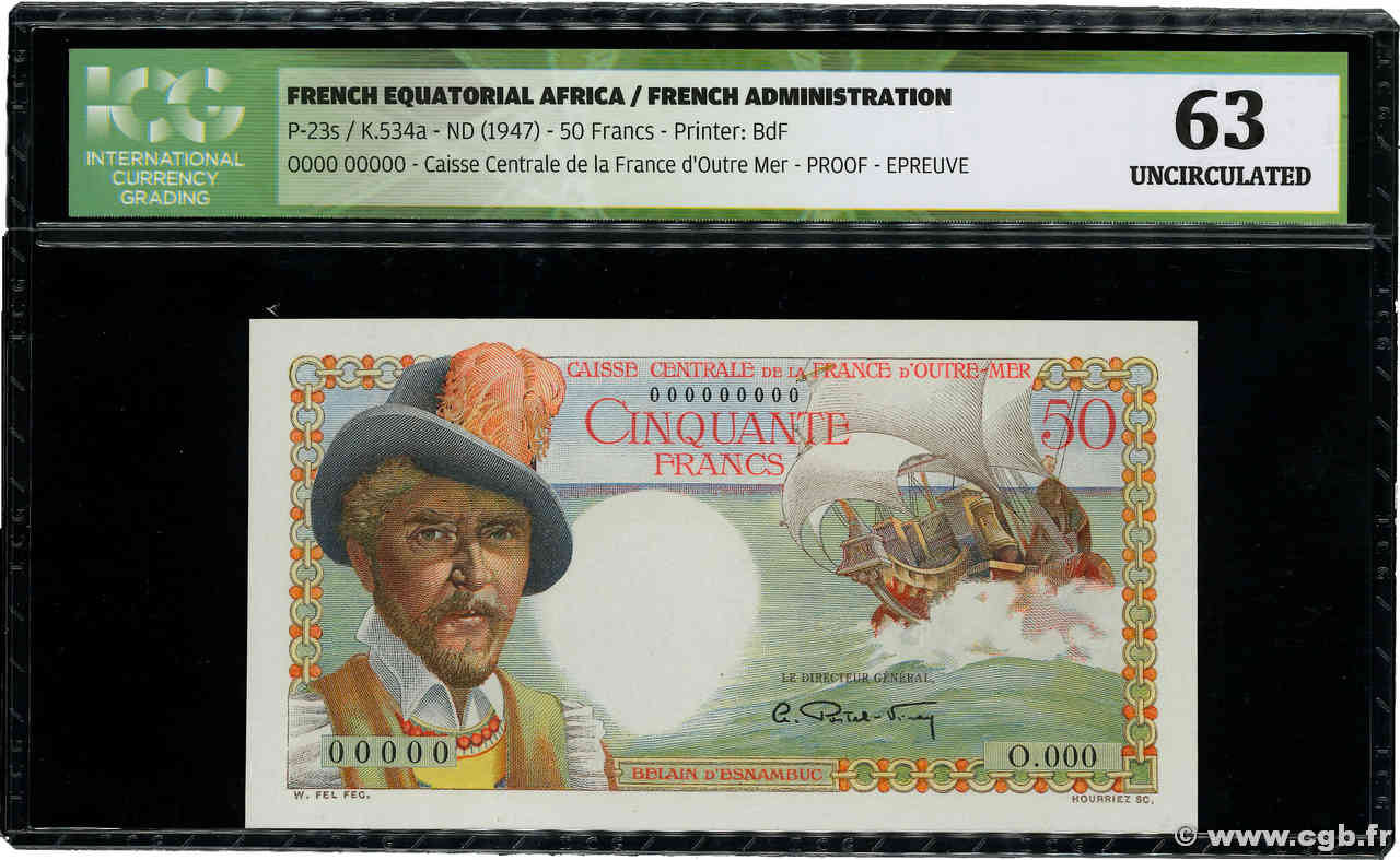 50 Francs Belain d Esnambuc Épreuve AFRIQUE ÉQUATORIALE FRANÇAISE  1946 P.23p fST+