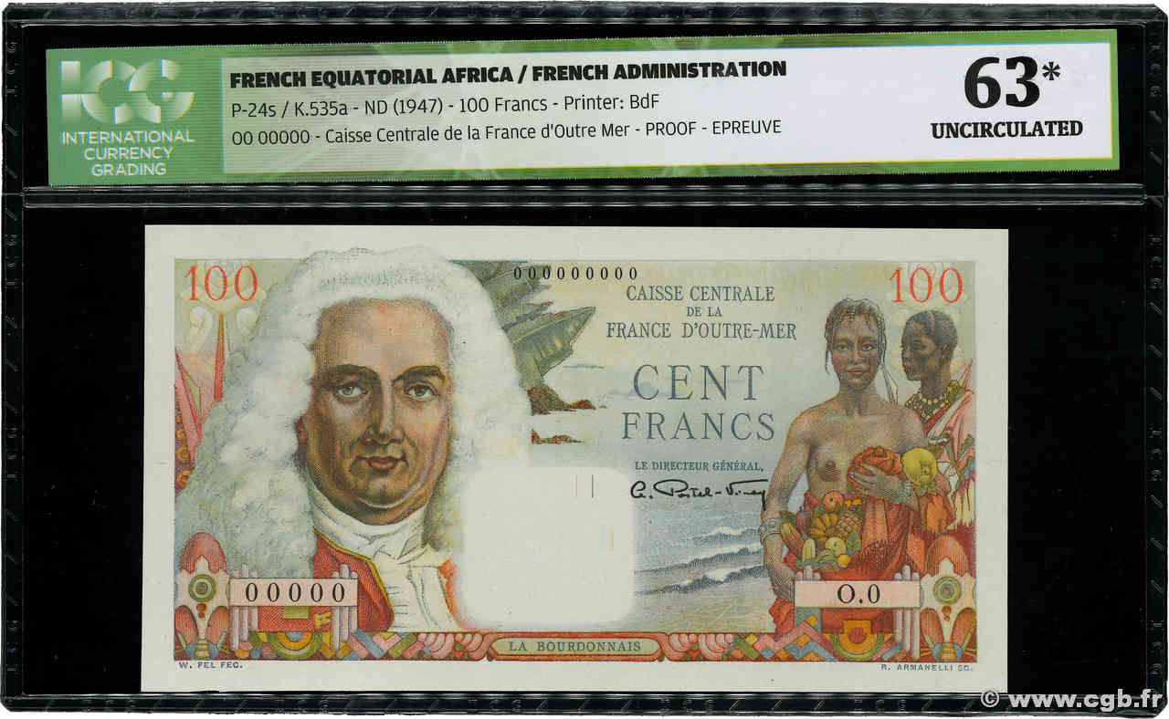 100 Francs La Bourdonnais Épreuve AFRIQUE ÉQUATORIALE FRANÇAISE  1946 P.24p UNC-