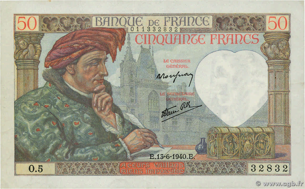 50 Francs JACQUES CŒUR FRANCE  1940 F.19.01 XF-