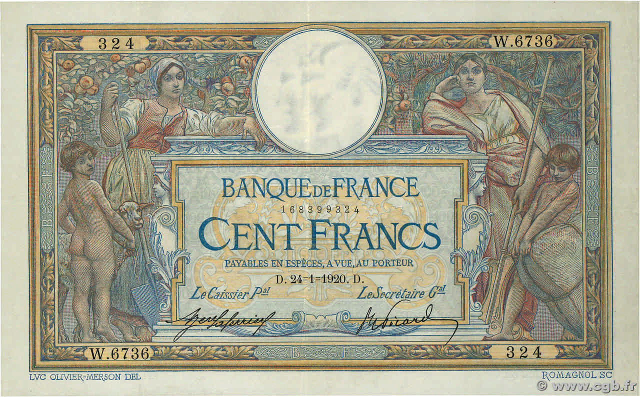 100 Francs LUC OLIVIER MERSON sans LOM FRANKREICH  1920 F.23.12 fVZ