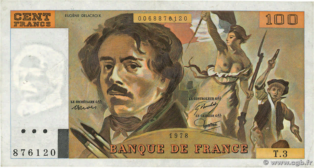 100 Francs DELACROIX modifié FRANCE  1978 F.69.01b TTB+