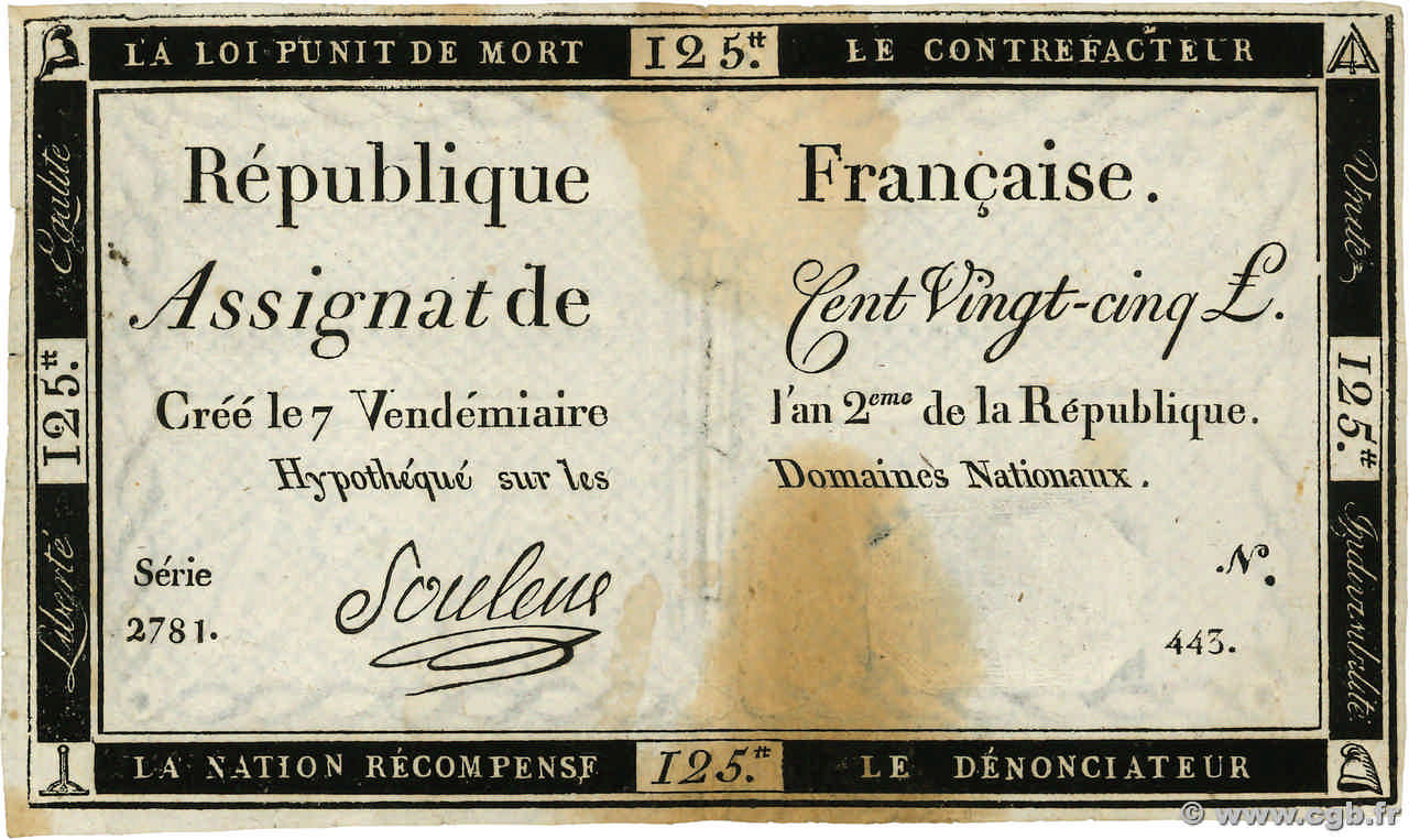125 Livres FRANCE  1793 Ass.44a TTB