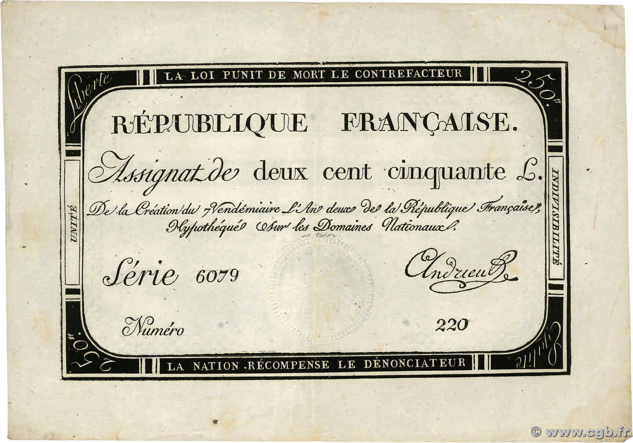 250 Livres FRANCE  1793 Ass.45a SUP+