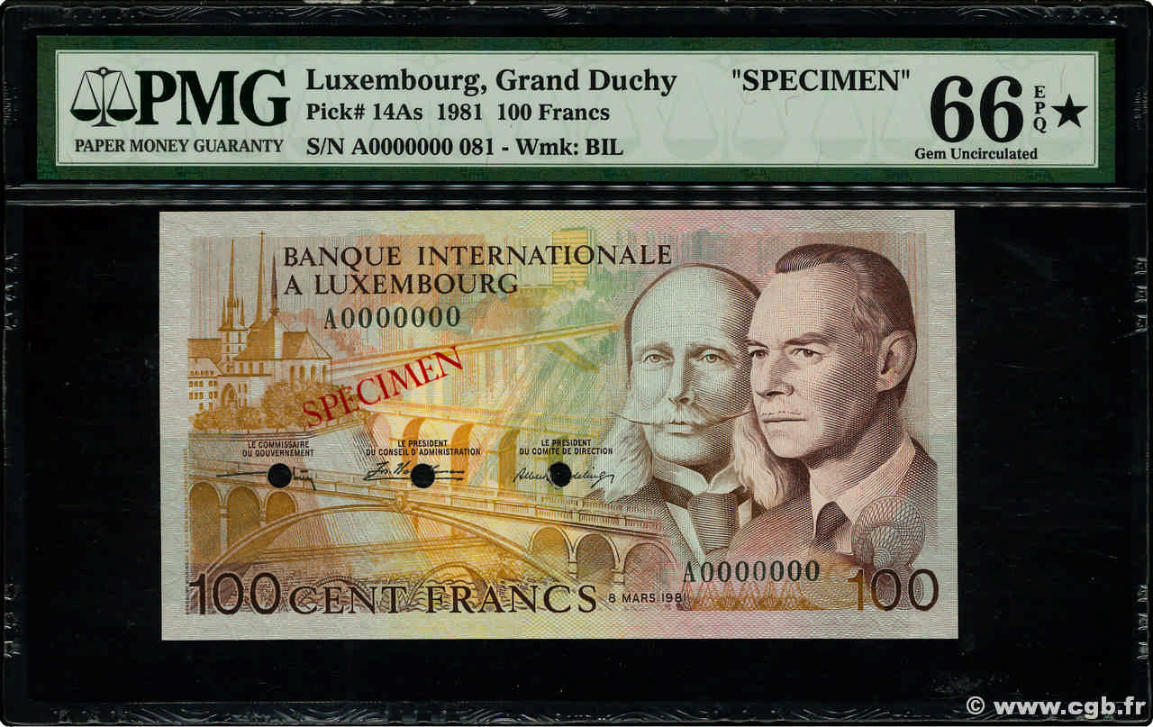 100 Francs Spécimen LUSSEMBURGO  1981 P.14As FDC