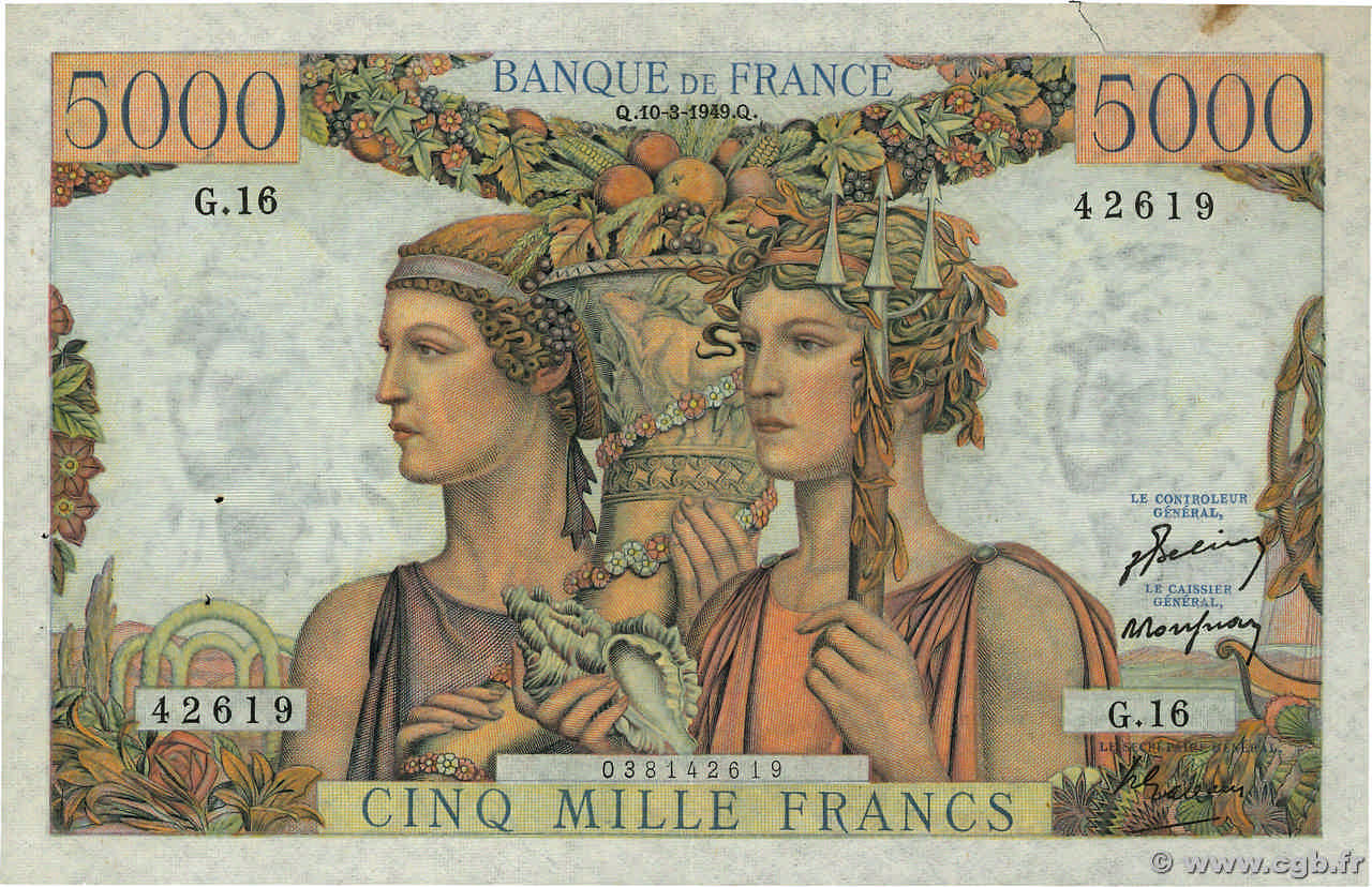 5000 Francs TERRE ET MER FRANCE  1949 F.48.01 VF+