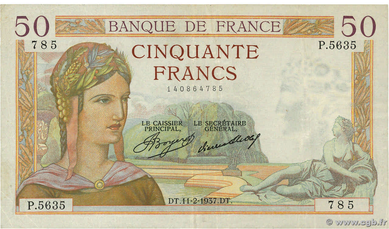 50 Francs CÉRÈS FRANCE  1937 F.17.34 pr.TTB