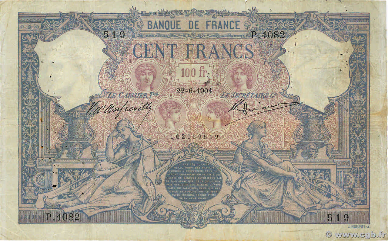 100 Francs BLEU ET ROSE FRANCE  1904 F.21.18 B+
