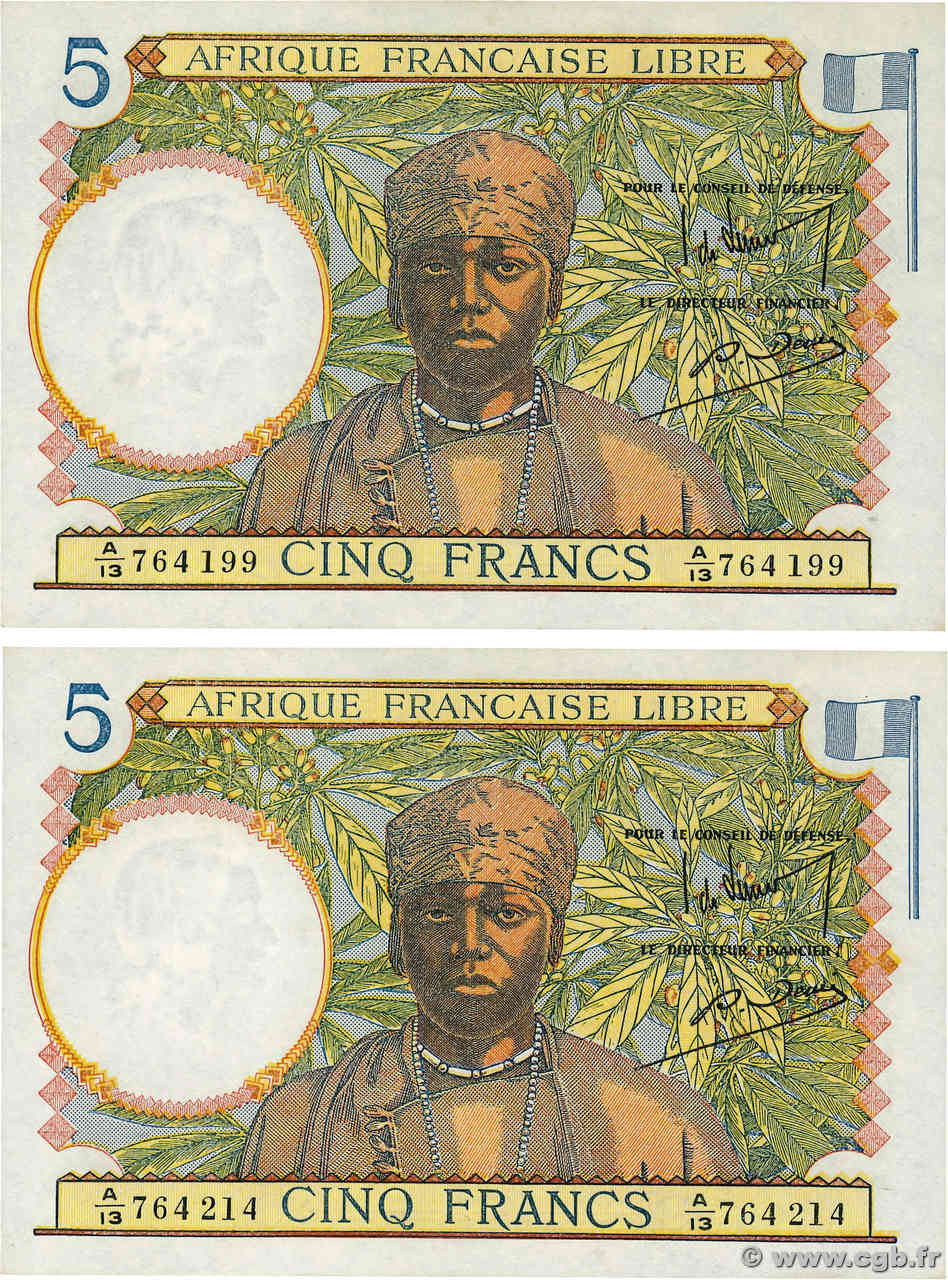 5 Francs Lot AFRIQUE ÉQUATORIALE FRANÇAISE Brazzaville 1941 P.06a UNC-
