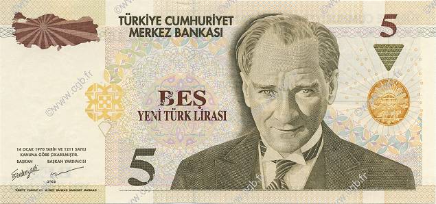 5 Lira TURKEY  2005 P.217 UNC