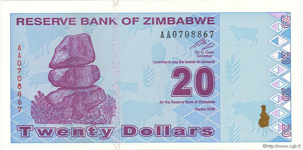 20 Dollars ZIMBABWE  2009 P.95 UNC