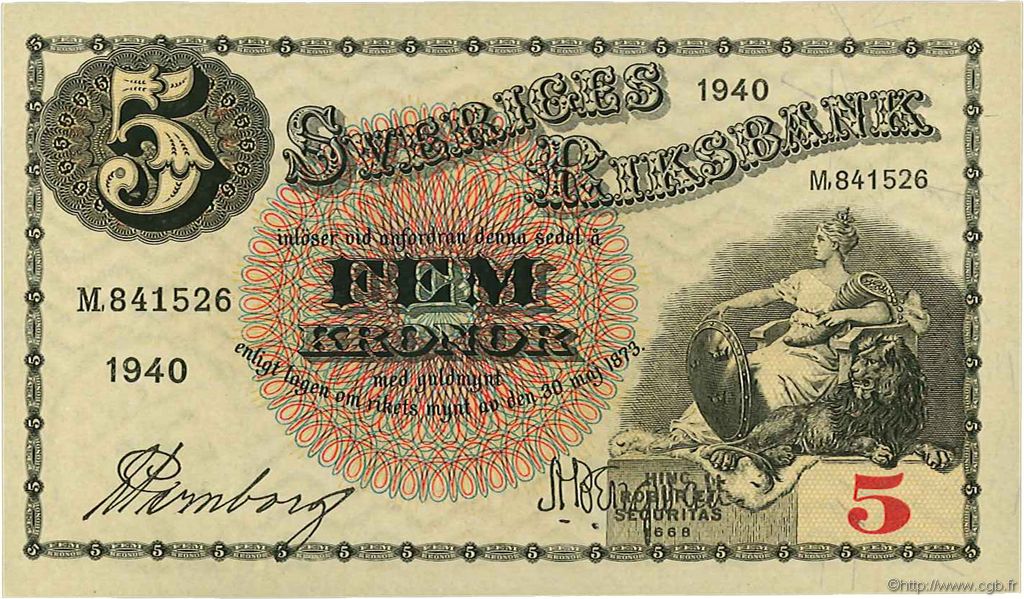 5 Kronor SUÈDE  1940 P.33w pr.NEUF