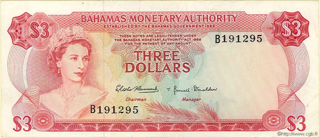 3 Dollars BAHAMAS  1968 P.28a TTB