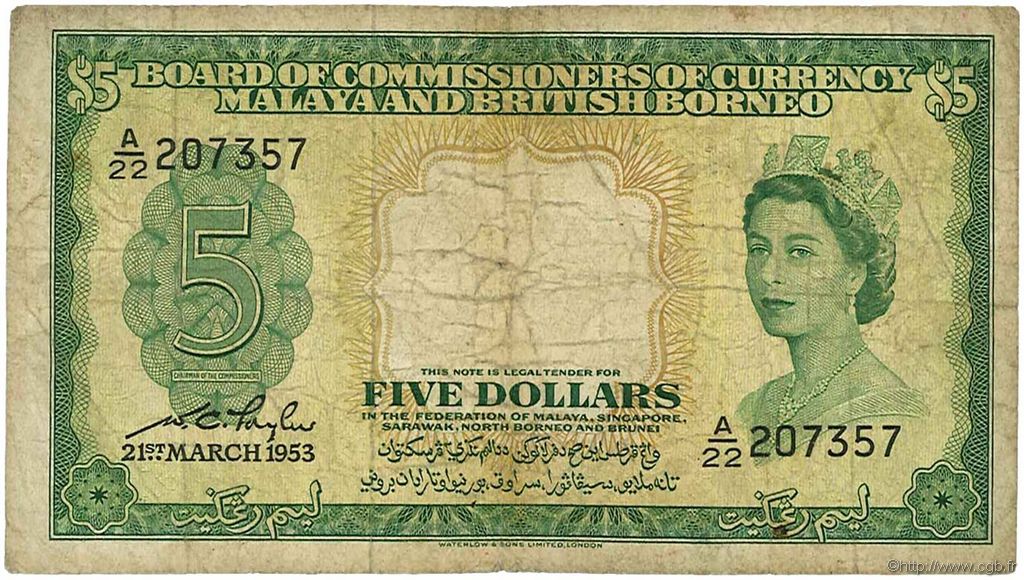 5 Dollars MALAISIE et BORNEO BRITANNIQUE  1953 P.02a B