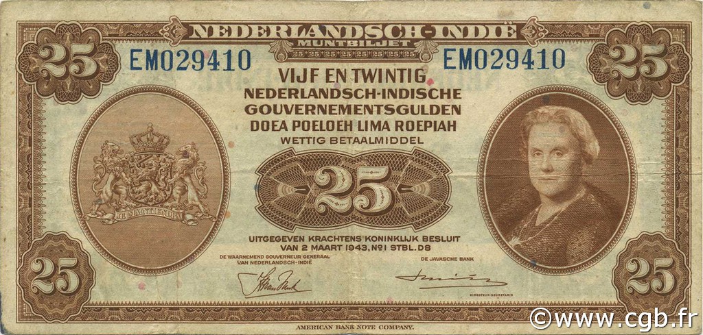 25 Gulden INDES NEERLANDAISES  1943 P.115a TB