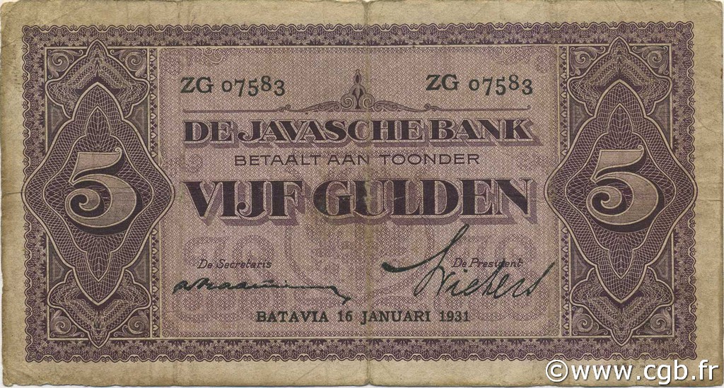 5 Gulden INDES NEERLANDAISES  1931 P.069c B