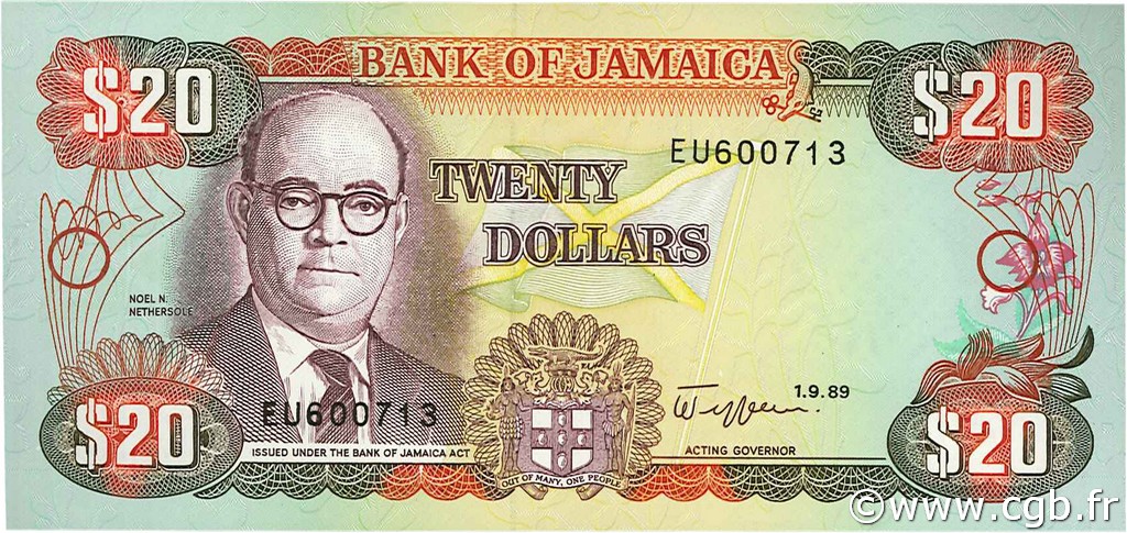 20 Dollars JAMAICA  1989 P.72c UNC