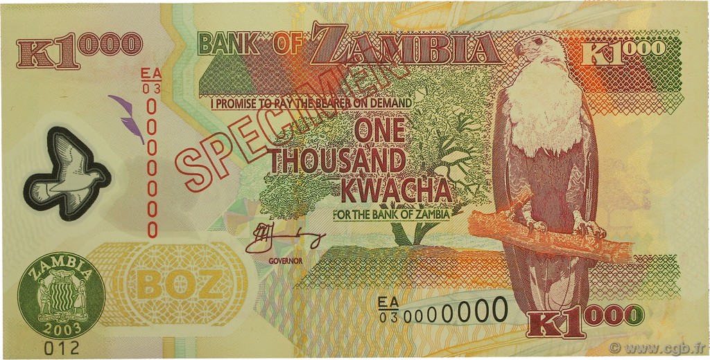 1000 Kwacha Spécimen ZAMBIE  2003 P.44s NEUF