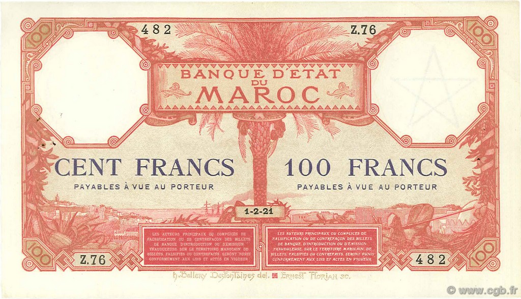 100 Francs MAROC  1921 P.14 TTB à SUP