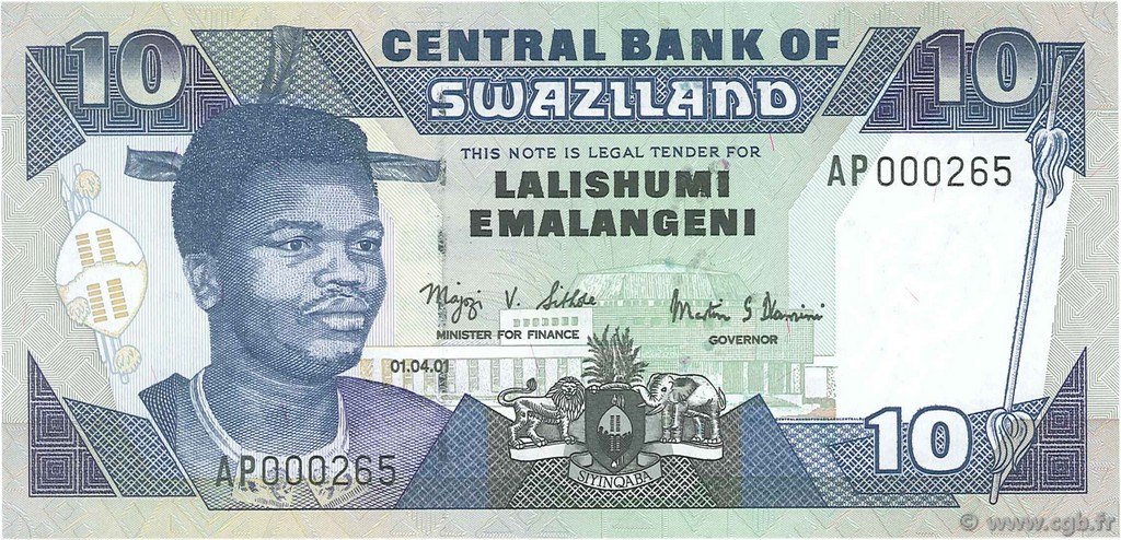 10 Emalangeni Petit numéro SWAZILAND  2001 P.29a NEUF