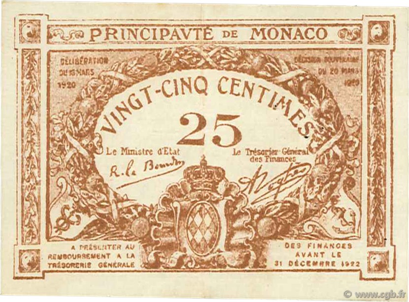 25 Centimes MONACO  1920 P.01a SUP