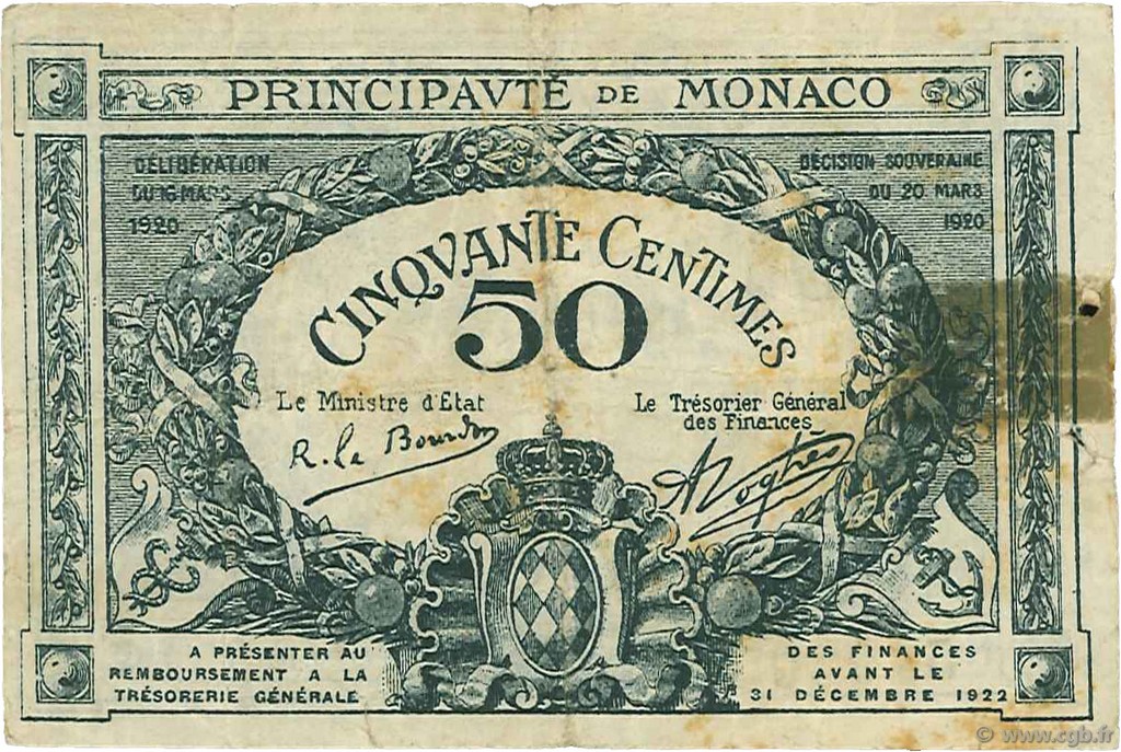 50 Centimes MONACO  1920 P.03a TB