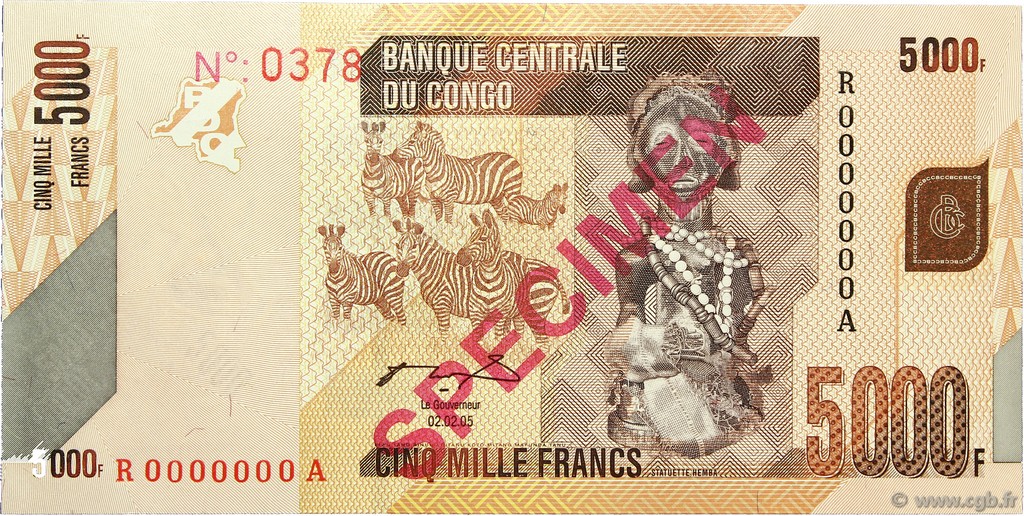 5000 Francs Spécimen RÉPUBLIQUE DÉMOCRATIQUE DU CONGO  2005 P.102s NEUF