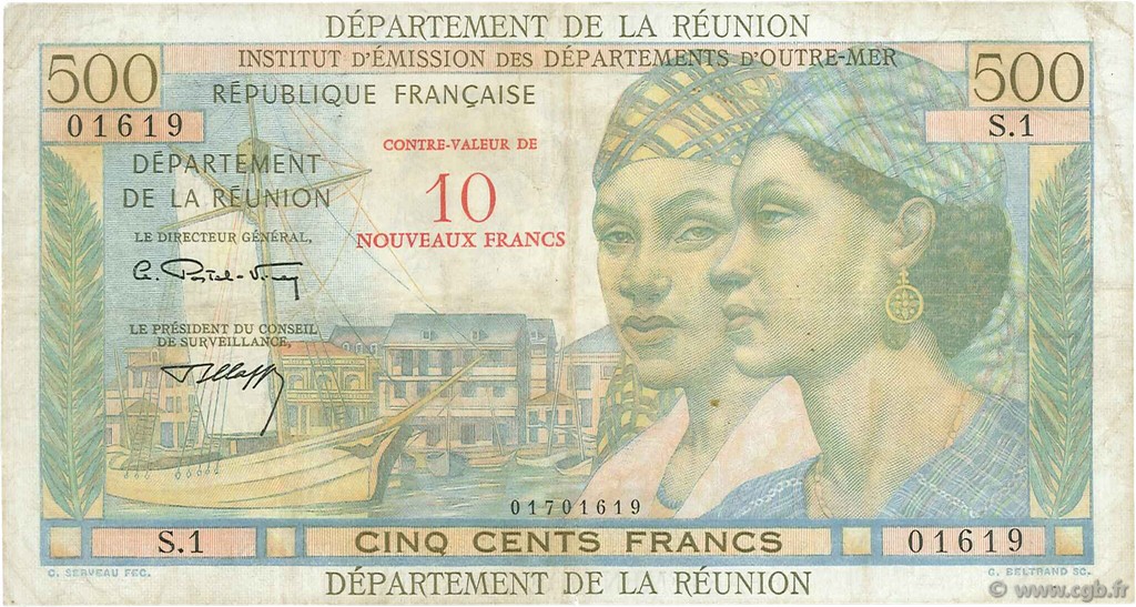 10 NF sur 500 Francs Pointe à Pitre ÎLE DE LA RÉUNION  1971 P.54b TB